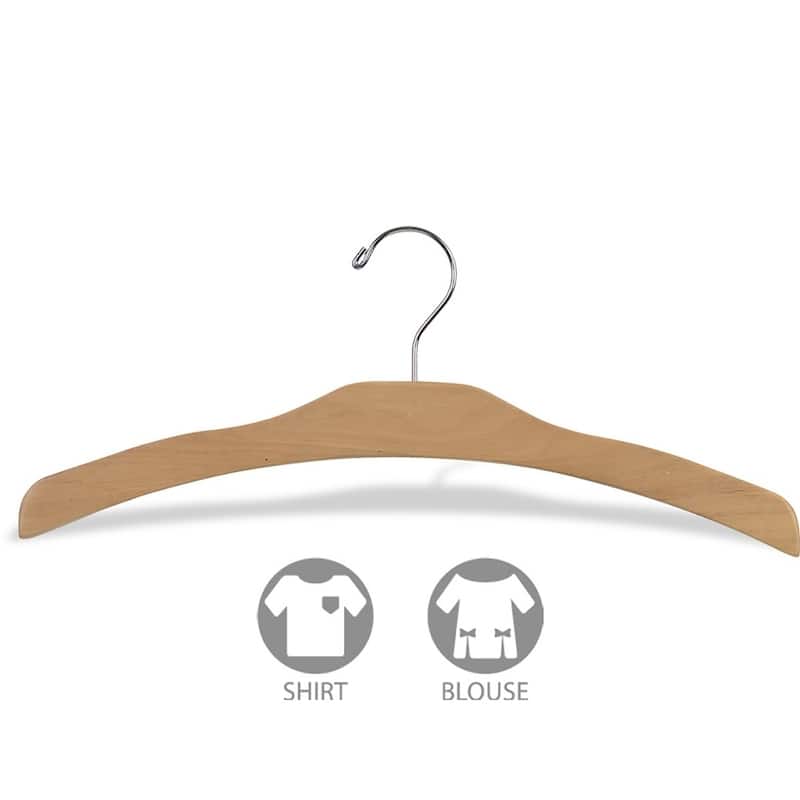 Arched Wooden Top Hanger with Natural Finish, Low Profile 17 Inch Flat Hangers with Chrome Swivel Hook & Notches