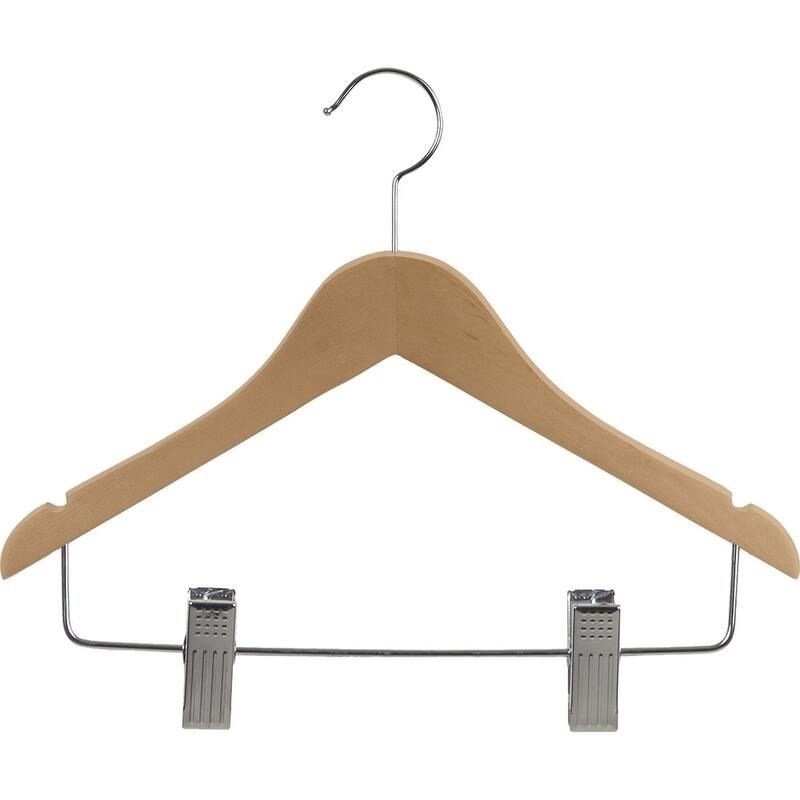 Wooden Junior Combo Hanger with Adjustable Cushion Clips, Flat 14 inch Hangers with Natural finish and Notches - box of 100