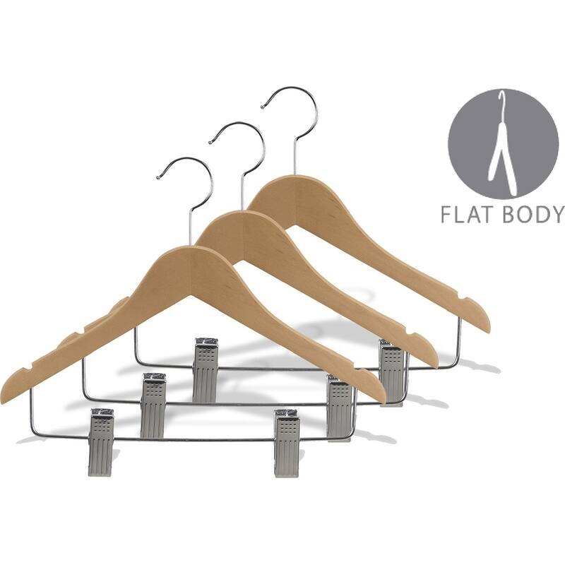 Wooden Junior Combo Hanger with Adjustable Cushion Clips, Flat 14 inch Hangers with Natural finish and Notches