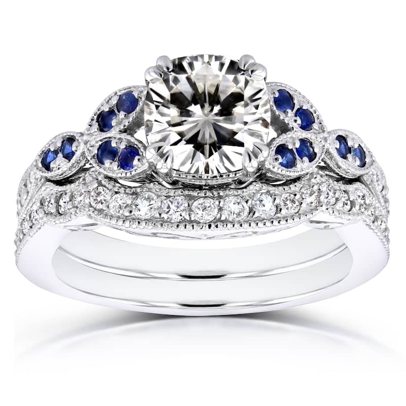 Annello by Kobelli 14k White Gold 1 1/2 Carat TGW Cushion Moissanite with Sapphire and Diamond Accents Bridal Set
