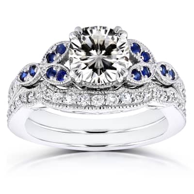 Annello by Kobelli 14k White Gold 1 1/2 Carat TGW Cushion Moissanite with Sapphire and Diamond Accents Bridal Set