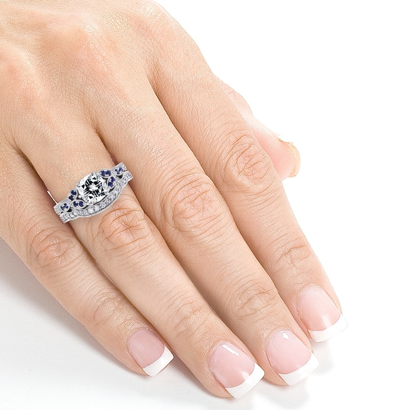 Annello by Kobelli 14k White Gold 1 1/2 Carat TGW Cushion Moissanite (DEF) with Sapphire and Diamond Accents Bridal Set