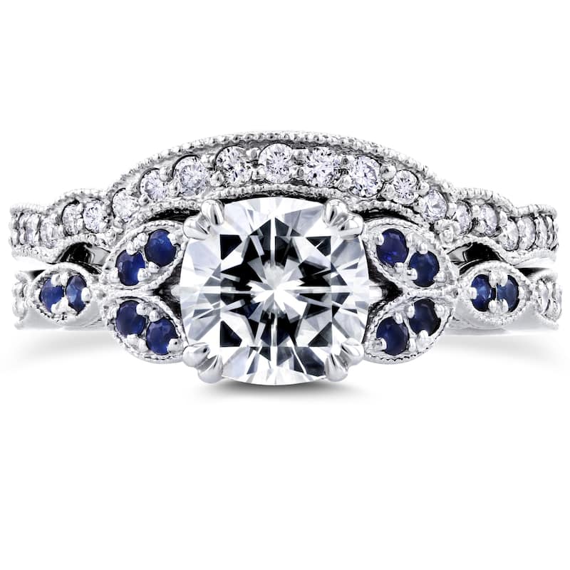Annello by Kobelli 14k White Gold 1 1/2 Carat TGW Cushion Moissanite (DEF) with Sapphire and Diamond Accents Bridal Set