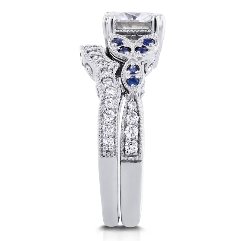Annello by Kobelli 14k White Gold 1 1/2 Carat TGW Cushion Moissanite (DEF) with Sapphire and Diamond Accents Bridal Set