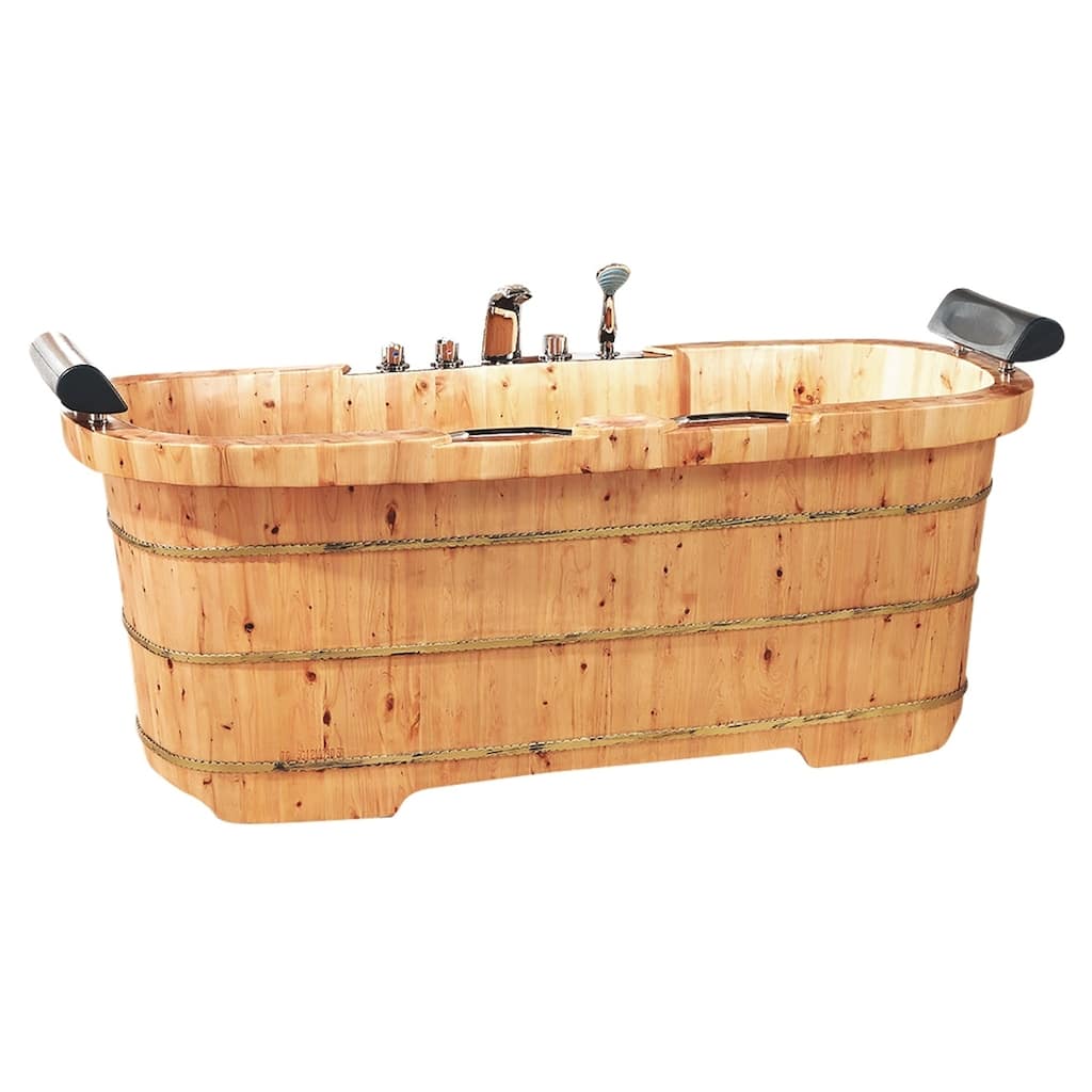 ALFI brand AB1130 65" 2 Person Free Standing Cedar Wooden Bathtub with Fixtures & Headrests - Brown
