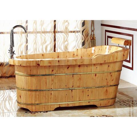 ALFI brand 61" Free Standing Cedar Wooden Bathtub with Fixtures & Headrest - Brown