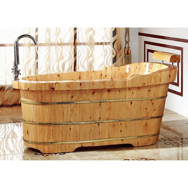 slide 2 of 3, ALFI brand 61" Free Standing Cedar Wooden Bathtub with Fixtures & Headrest - Brown