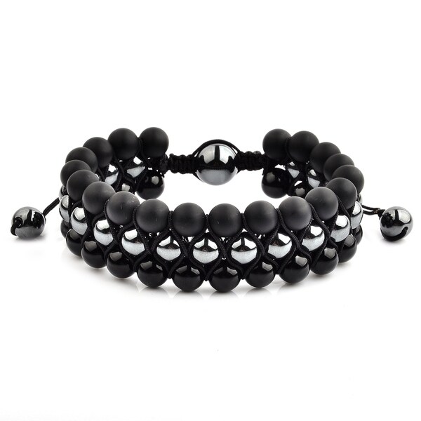 Onyx and Hematite Stone Beaded Adjustable Bracelet (23mm Wide)