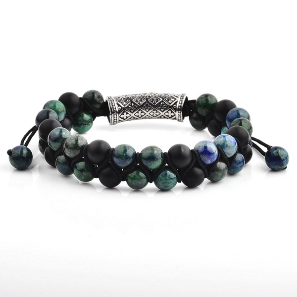 Azurite Chrysocolla and Matte Onyx Adjustable Bracelet (15mm Wide)