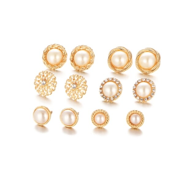 Vintage Gold Faux Pearl 6 Pairs Crystal Stud Earring Set