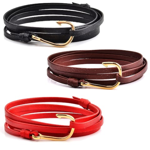 Gold Plated Stainless Steel Hook Leather Wrap Bracelet (4.5mm Wide)