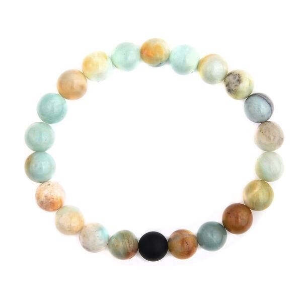 Polished Amazonite And Matte Onyx Beaded Stretch Bracelet