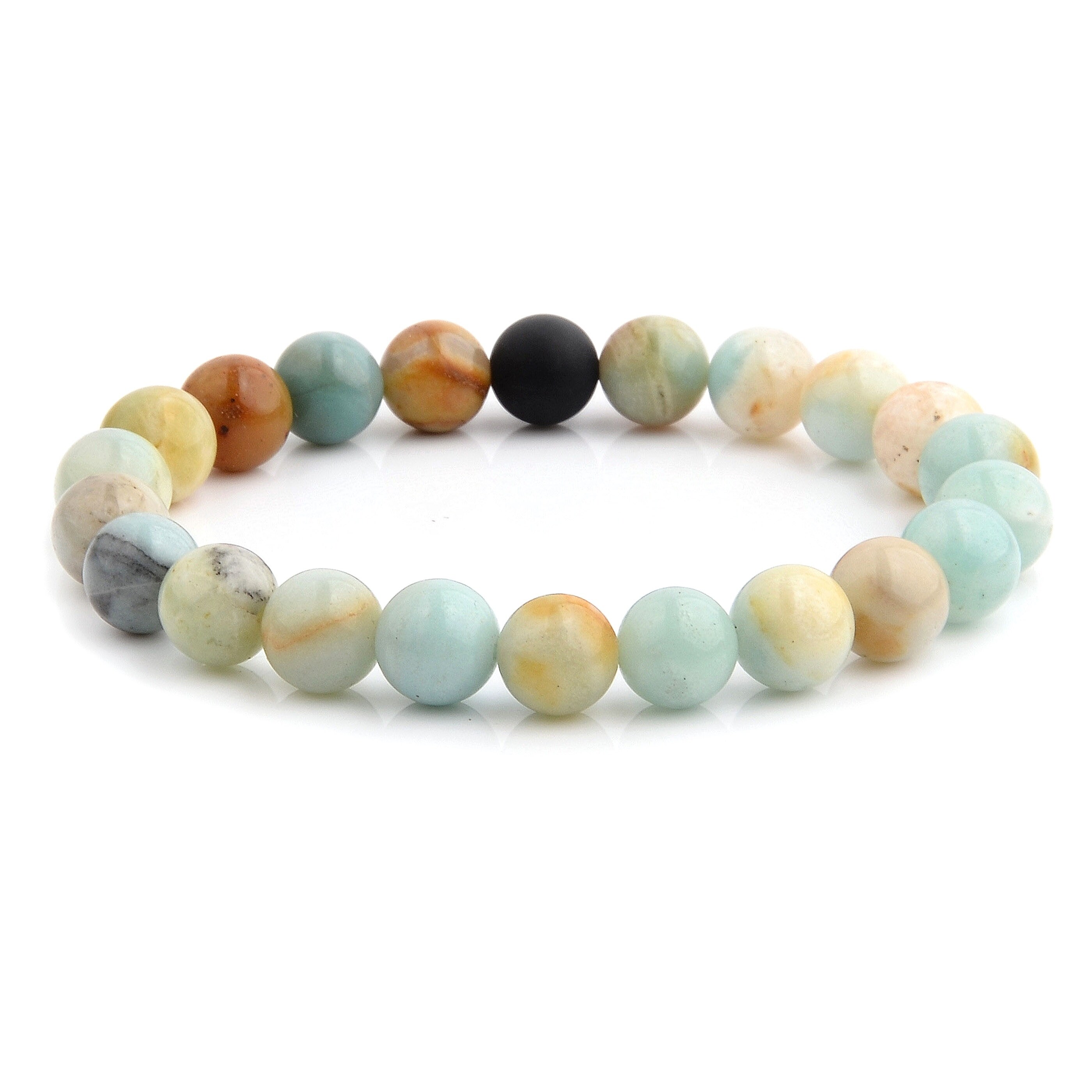 Polished Amazonite And Matte Onyx Beaded Stretch Bracelet