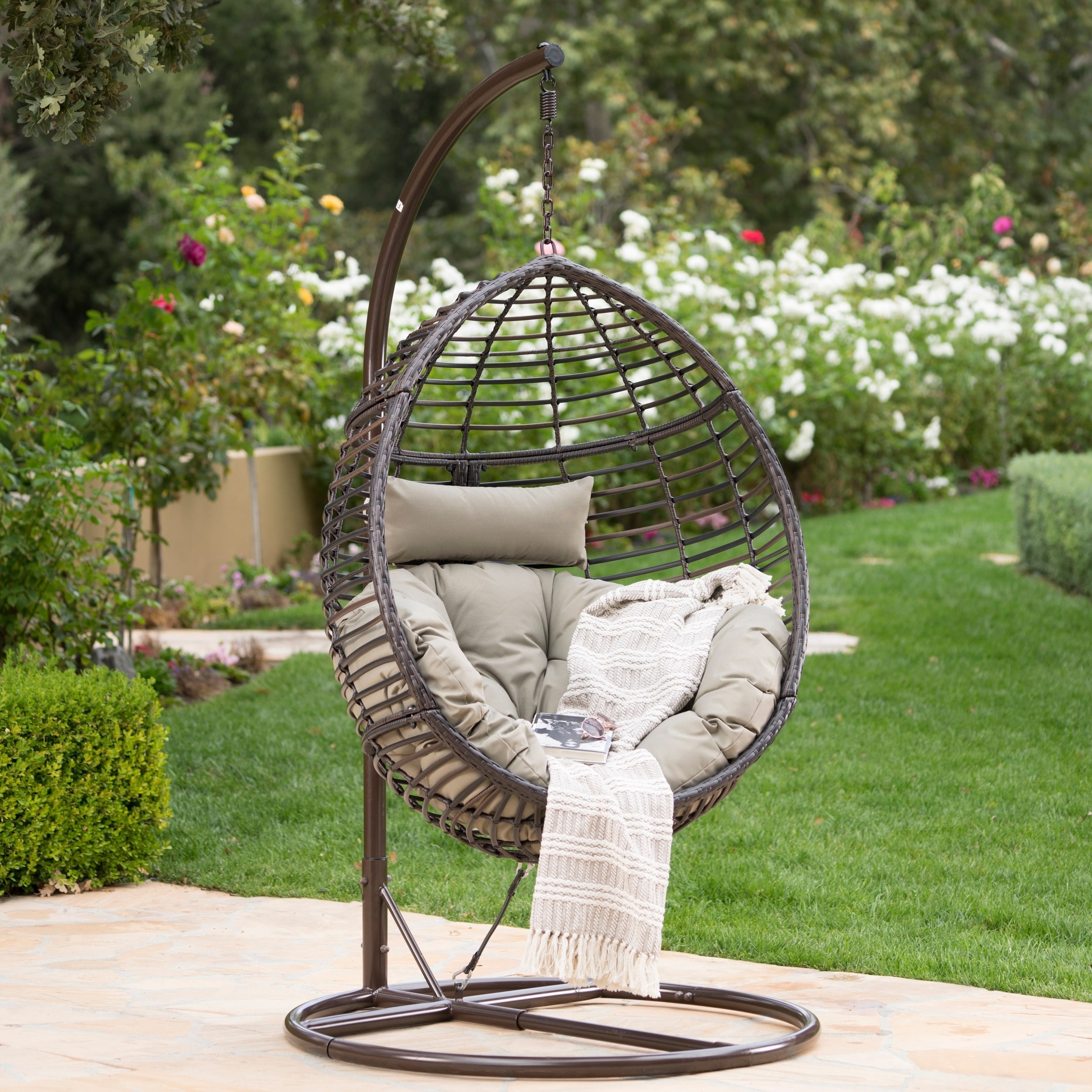 Layla Outdoor Wicker Hanging Basket Chair with Cushions by Brown | eBay
