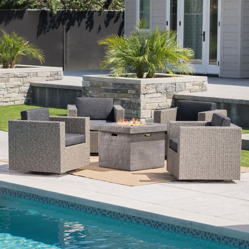 Puerta Outdoor 4-piece Wicker Swivel Chair Set with Square Firepit by Christopher Knight Home