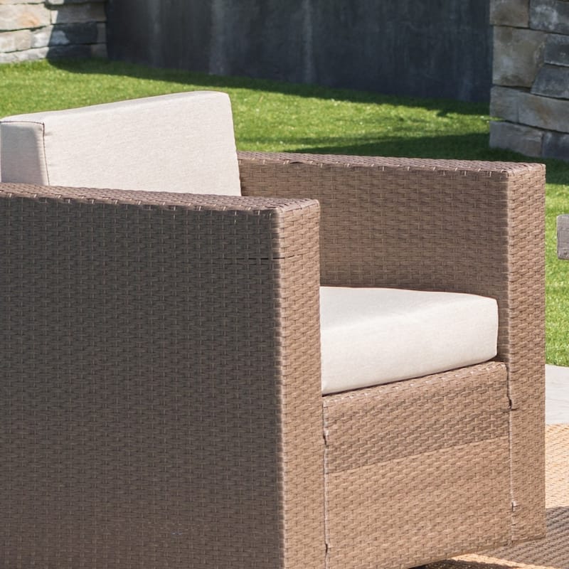 Puerta Outdoor 4-piece Wicker Swivel Chair Set with Square Firepit by Christopher Knight Home