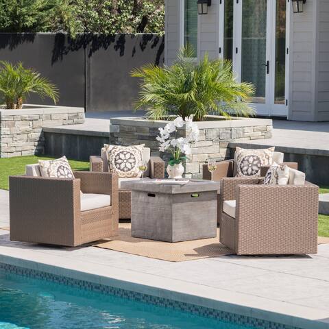 Puerta Outdoor 4-piece Wicker Swivel Chair Set with Square Firepit by Christopher Knight Home