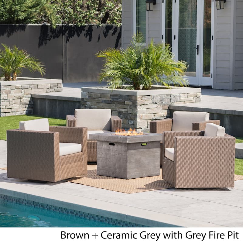 Puerta Outdoor 4-piece Wicker Swivel Chair Set with Square Firepit by Christopher Knight Home