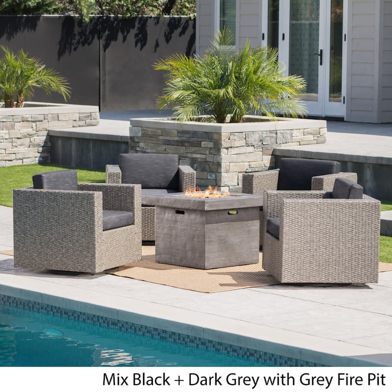 Puerta Outdoor 4-piece Wicker Swivel Chair Set with Square Firepit by Christopher Knight Home