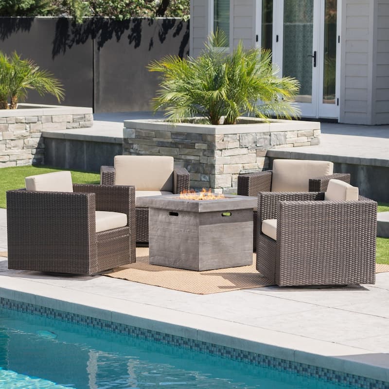 Puerta Outdoor 4-piece Wicker Swivel Chair Set with Square Firepit by Christopher Knight Home