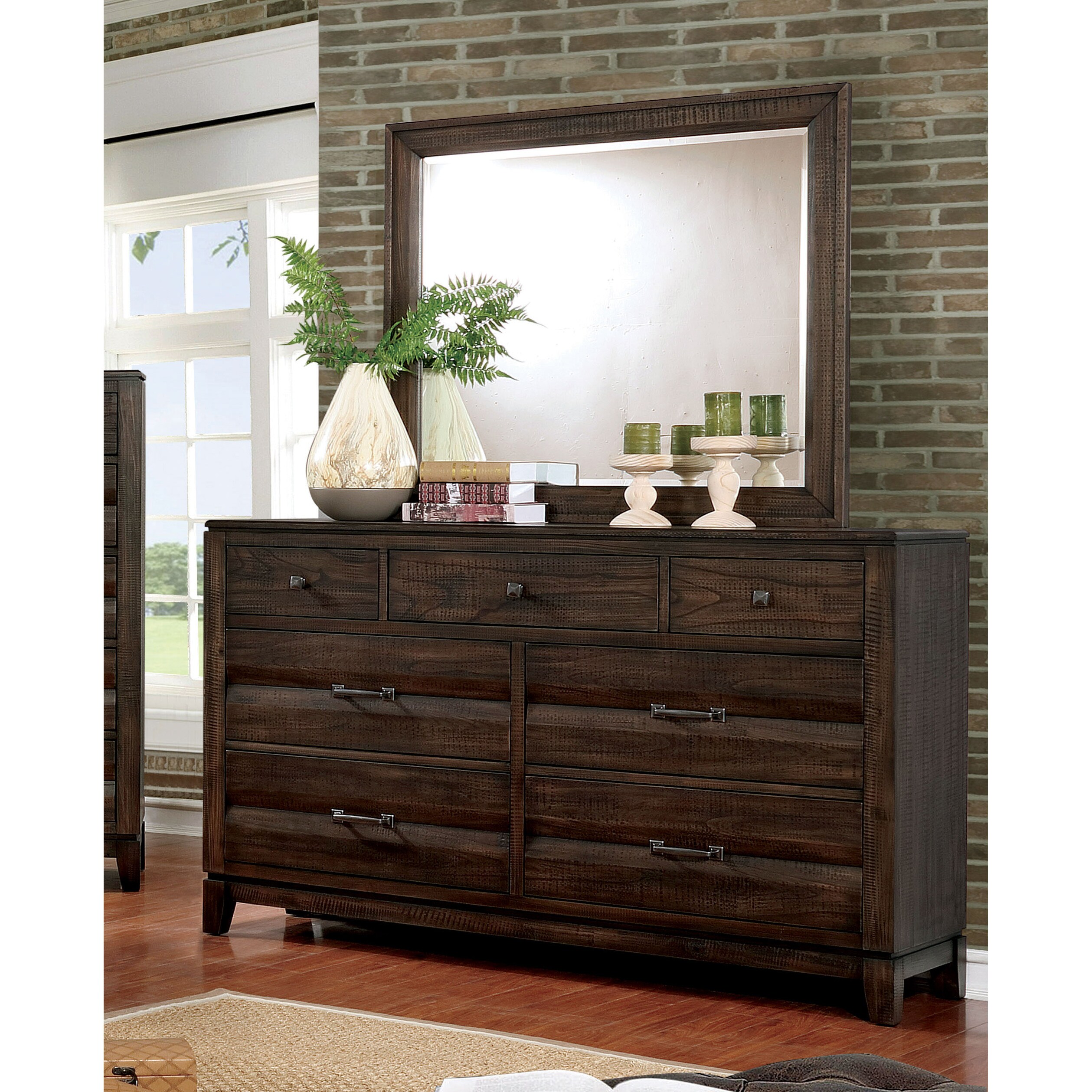 Shop Furniture Of America Ligg Walnut 2 Piece Dresser And Mirror