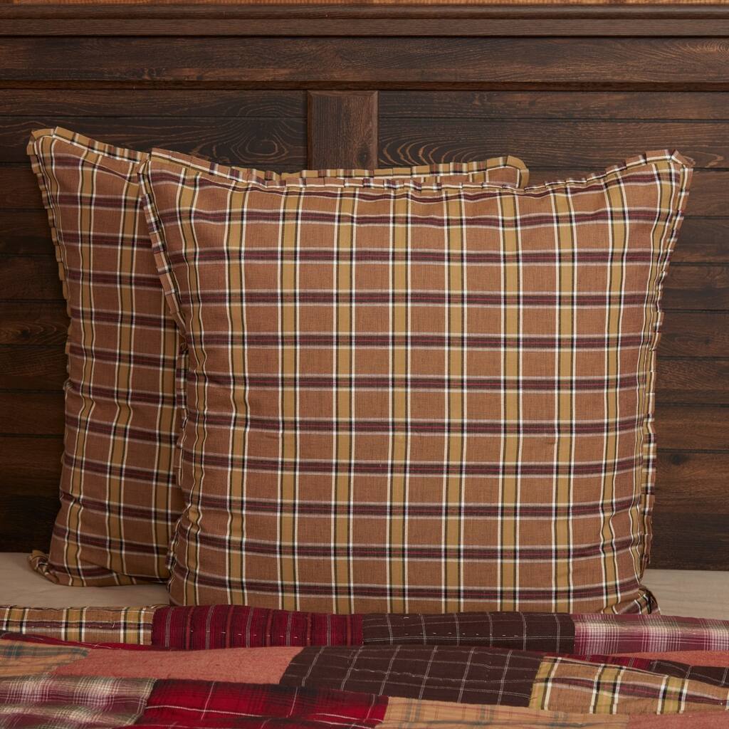 Tan Rustic Bedding VHC Wyatt Euro Sham Cotton Plaid