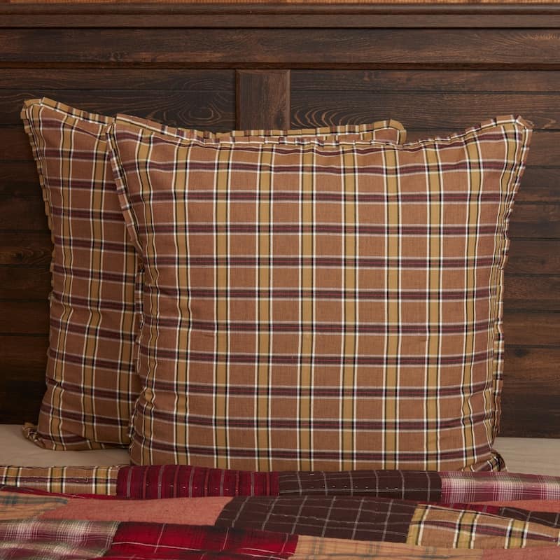 Tan Rustic Bedding VHC Wyatt Euro Sham Cotton Plaid - 26x26 - Khaki/Moss Green/Raven
