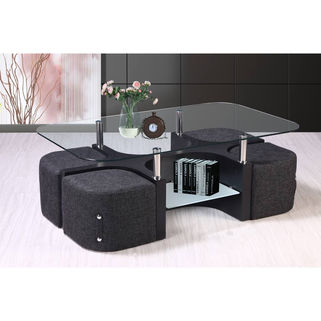 Best Quality Furniture Glass-top Coffee Table with 4 Nesting Stools