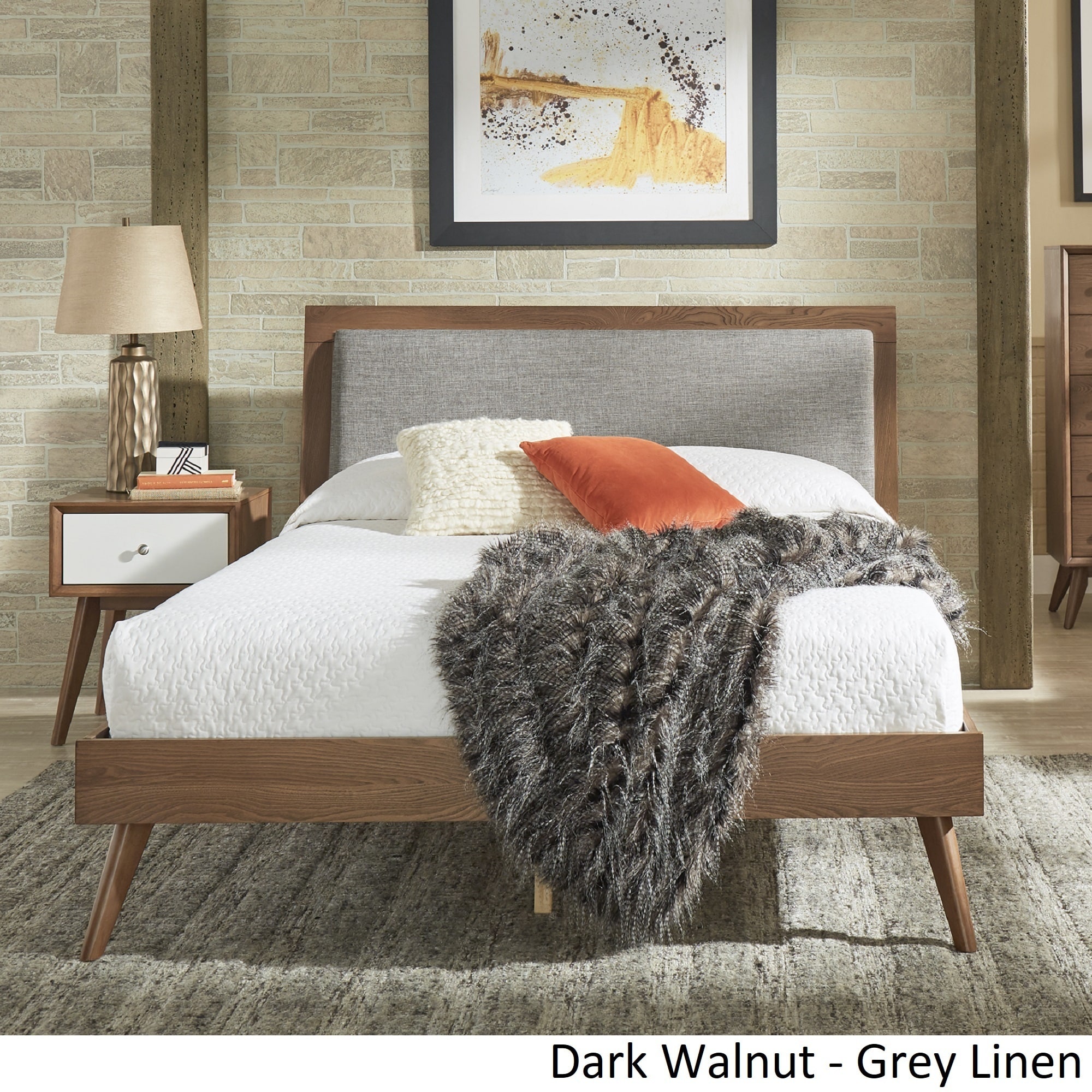Sylvia Queen Size Mid-Century Modern Linen Wood Bed