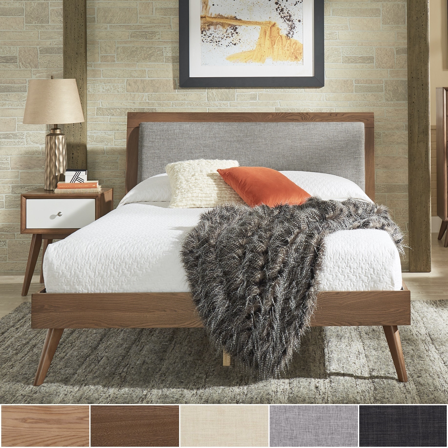Sylvia Queen Size Mid-Century Modern Linen Wood Bed