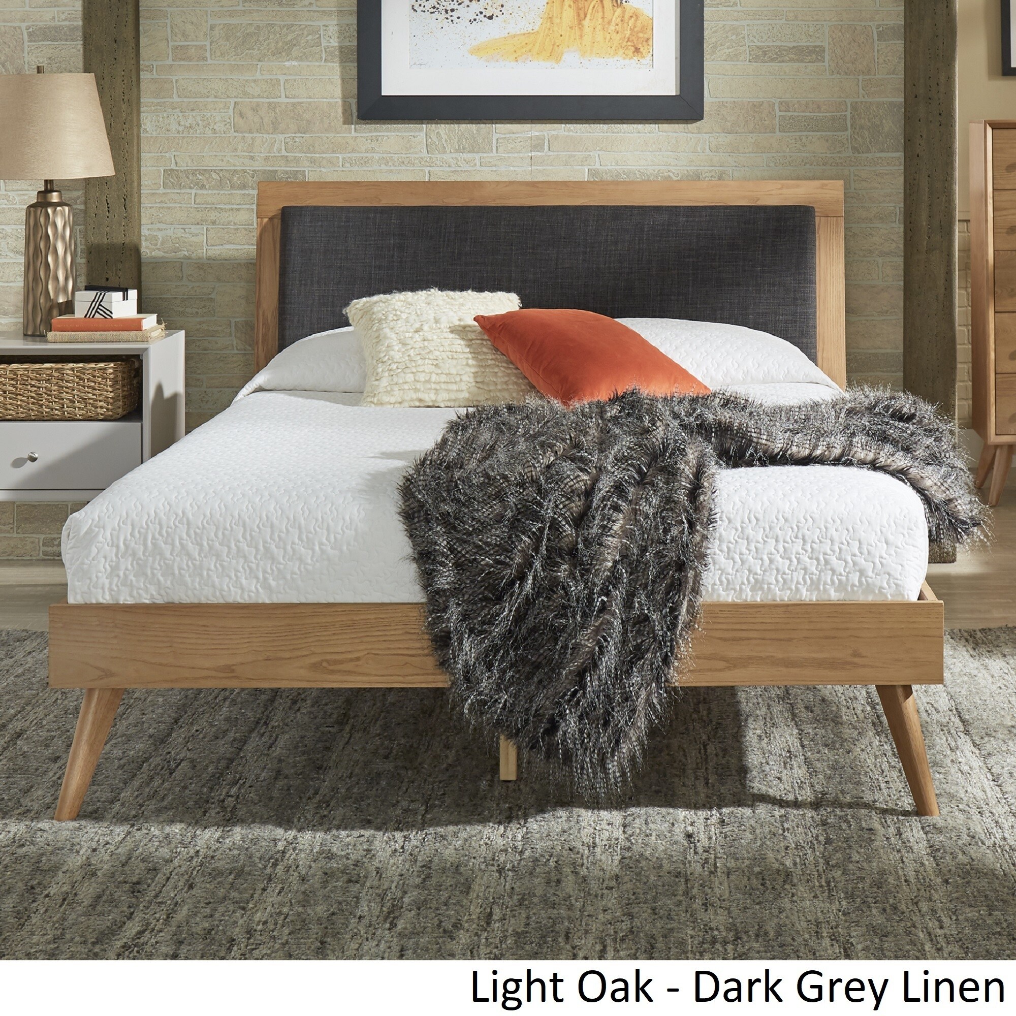 Sylvia Queen Size Mid-Century Modern Linen Wood Bed
