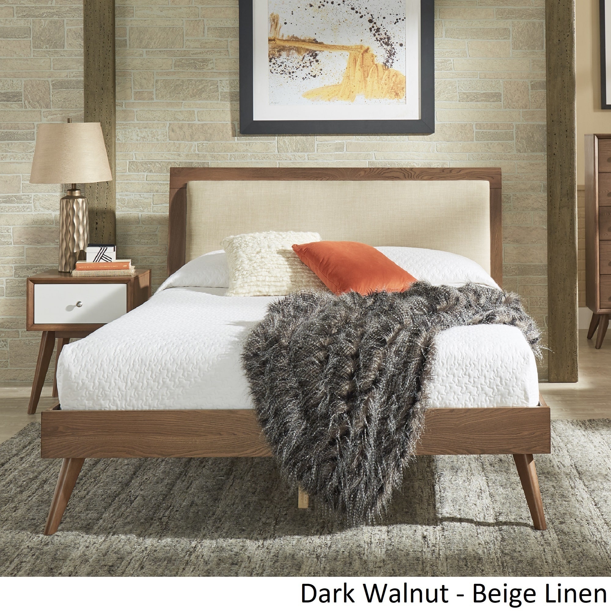 Sylvia Queen Size Mid-Century Modern Linen Wood Bed