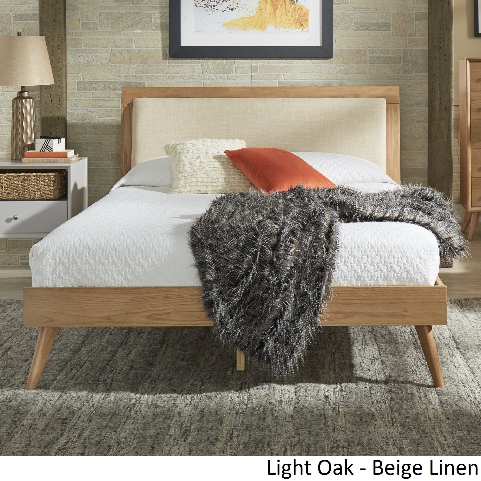 Sylvia Queen Size Mid-Century Modern Linen Wood Bed