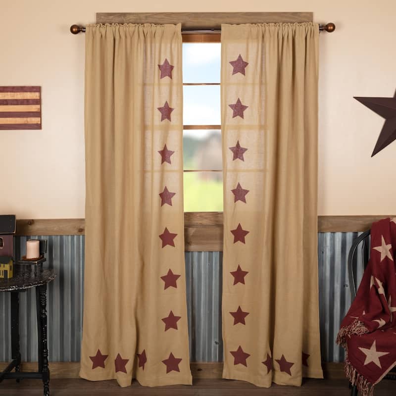 Farmhouse Curtains VHC Burlap Natural Stars Panel Pair Rod Pocket Cotton Star Stenciled Cotton Burlap - Panel 84x40 - Burgundy/Natural