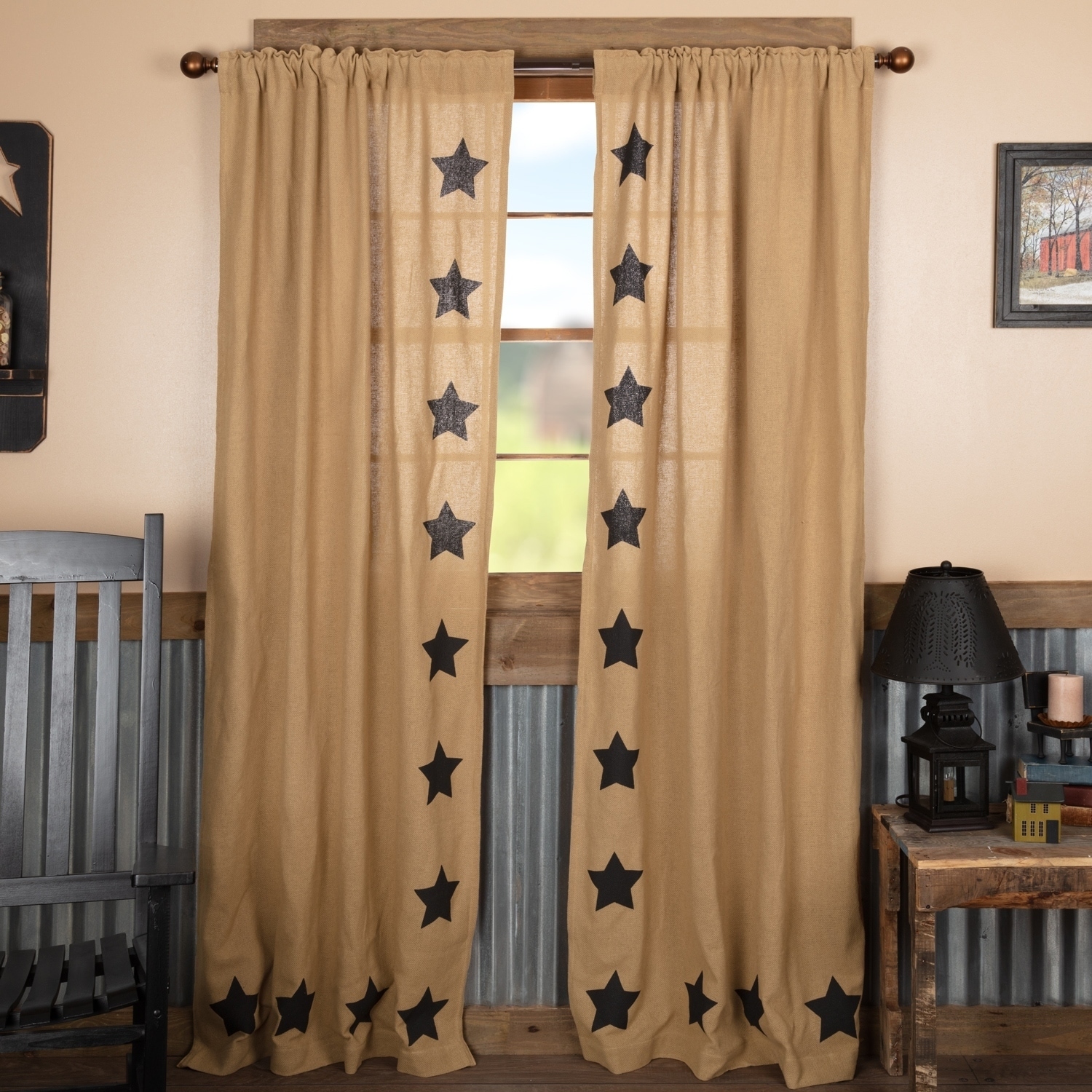Farmhouse Curtains VHC Burlap Natural Stars Panel Pair Rod Pocket Cotton Star Stenciled Cotton Burlap - Panel 84x40