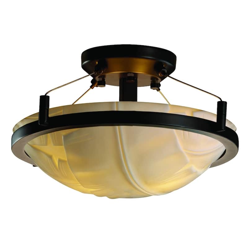 Justice Design Porcelina Ring Dark Bronze 2-light Semi-flush, Banana Leaf Round BowlShade