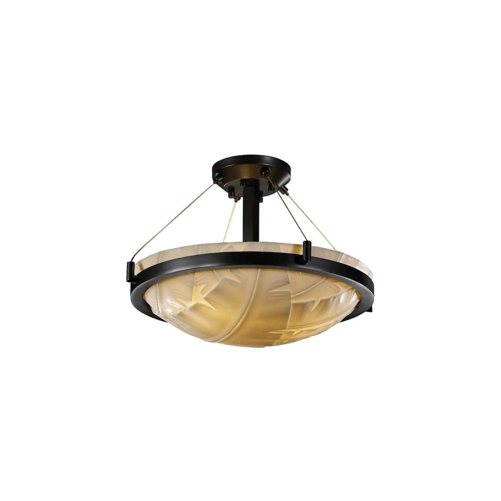 Justice Design Porcelina Ring Matte Black 3-light Semi-flush, Banana Leaf Round BowlShade