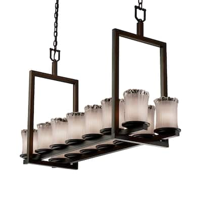 Justice Design Veneto Luce Dakota Dark Bronze 14-light Chandelier, Short White Frosted Cylinder with Rippled Rim Shade