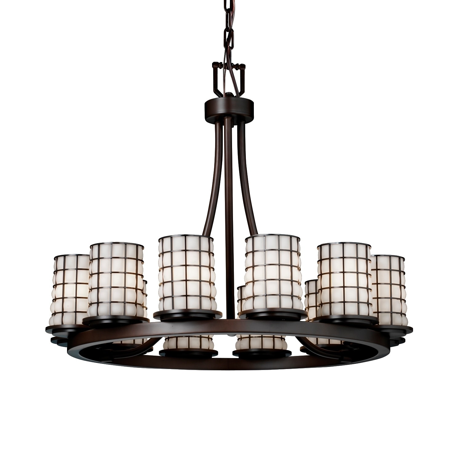 Justice Design Wire Glass Dakota Dark Bronze 12-light Chandelier, Opal Cylinder Shade with Flat Rim and Grid Cage - Chandeliers For Bedrooms by Overstock.com