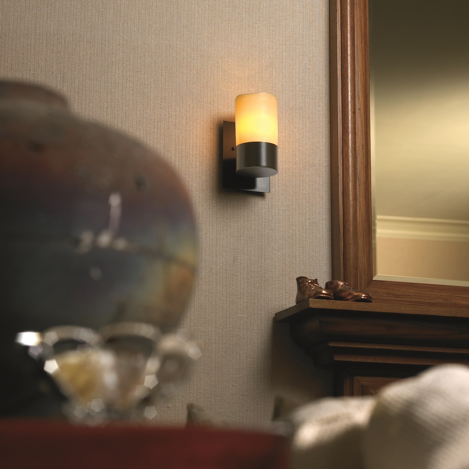 Justice Design CandleAria Dakota Brushed Nickel Wall Sconce, Amber Cylinder with Melted Rim Shade - Silver