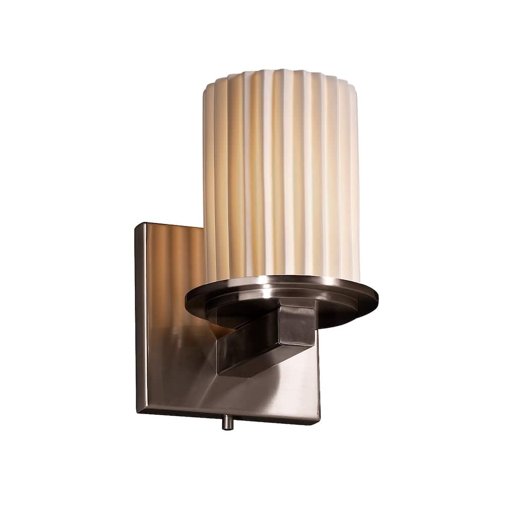 Justice Design Limoges Dakota Brushed Nickel Wall Sconce, Pleats Cylinder with Flat Rim Shade - Silver