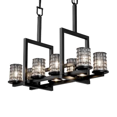 Justice Design Wire Glass Dakota Matte Black 8-up and 3-downlight Chandelier, Clear Bubbles Cylinder Flat Rim Shade - Grid Cage
