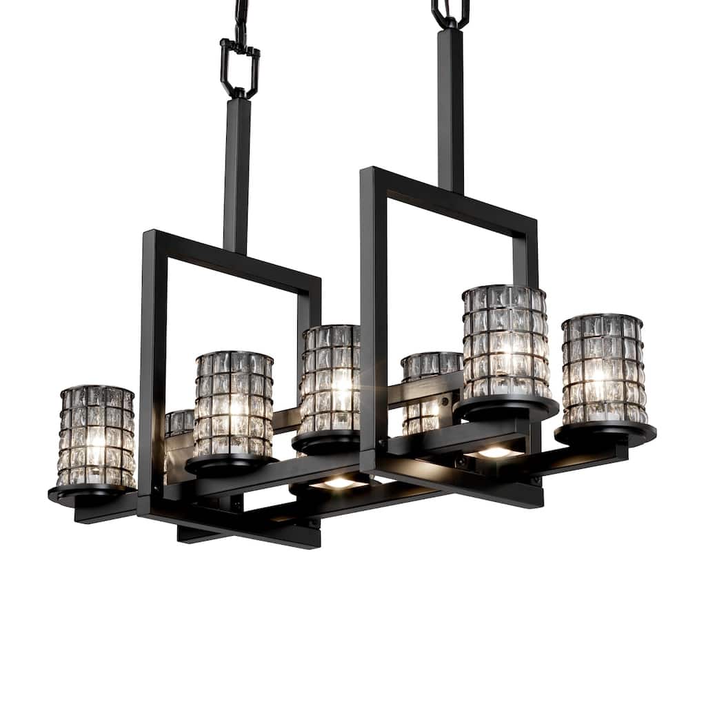 Justice Design Wire Glass Dakota Matte Black 8-up and 3-downlight Chandelier, Clear Bubbles Cylinder Flat Rim Shade - Grid Cage