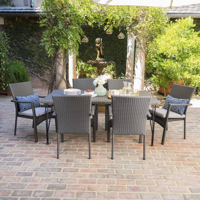 Luka Outdoor 7-Piece Rectangle Wicker Dining Set with Cushions by Christopher Knight Home