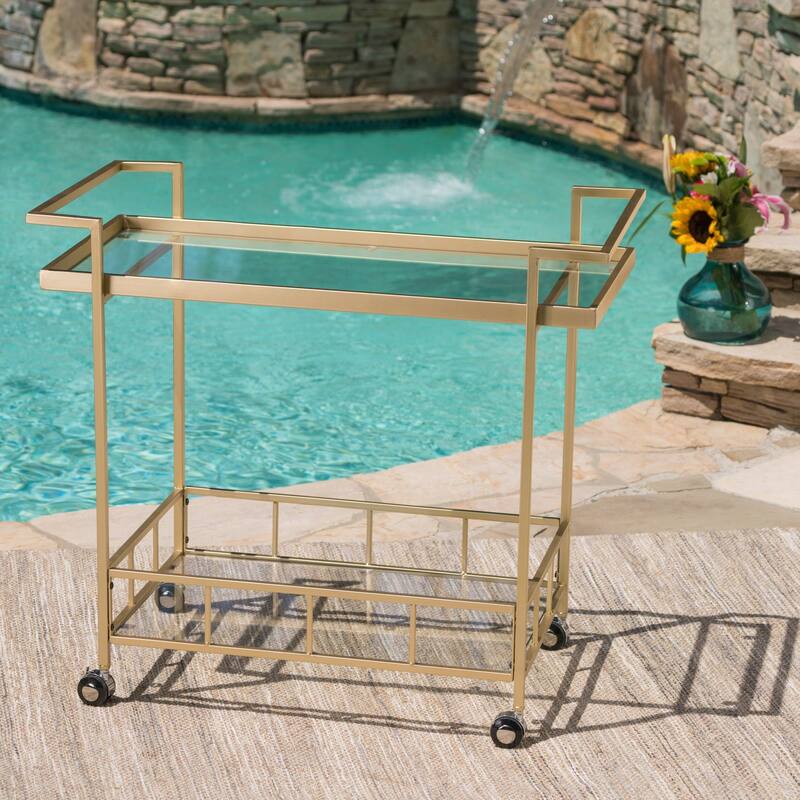 Selby Outdoor Industrial Tempered Glass Bar Cart by Christopher Knight Home