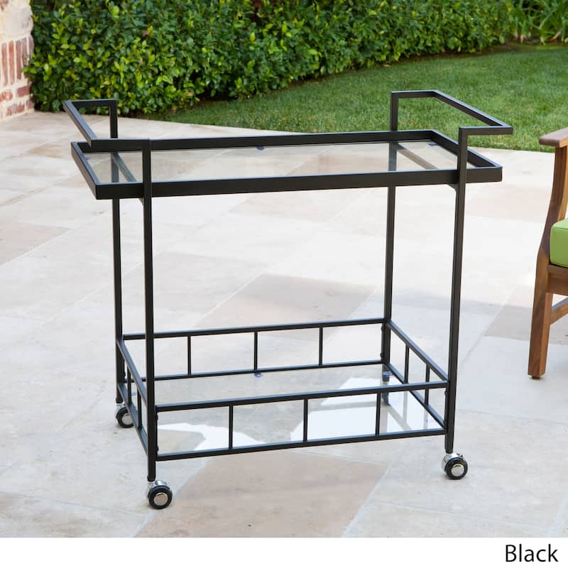 Selby Outdoor Industrial Tempered Glass Bar Cart by Christopher Knight Home - Black
