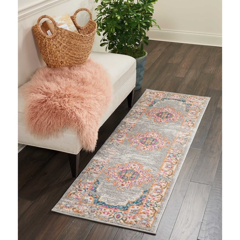 Porch & Den Dobbin Vintage Persian Medallion Farmhouse Area Rug - 2'2" x 7'6" Runner - Grey/Pink