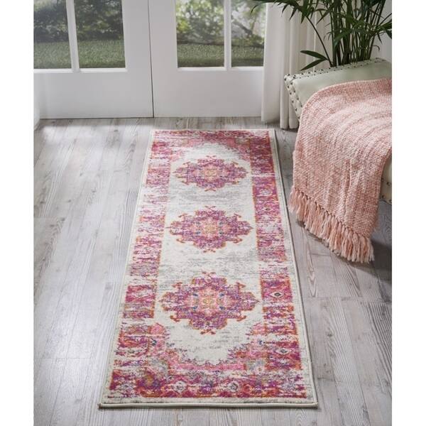 Porch & Den Dobbin Vintage Persian Medallion Farmhouse Area Rug - 1'10" x 6' Runner - Ivory/Pink