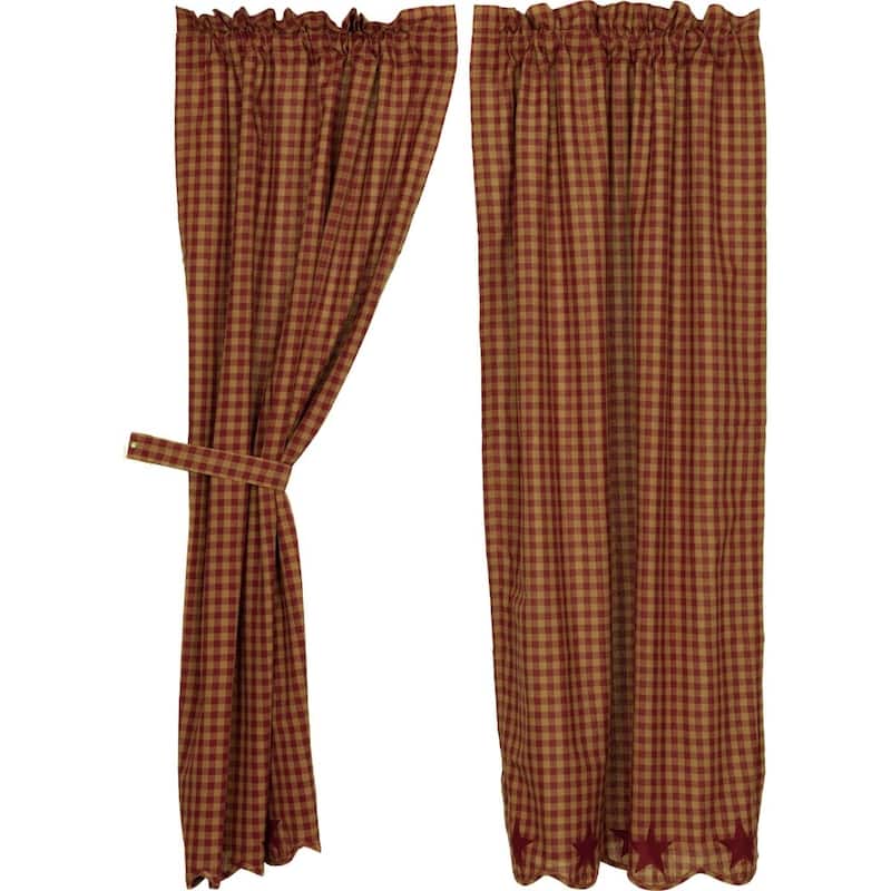Primitive Curtains VHC Star Panel Pair Rod Pocket Cotton Star Appliqued - 63x36 - Burgundy