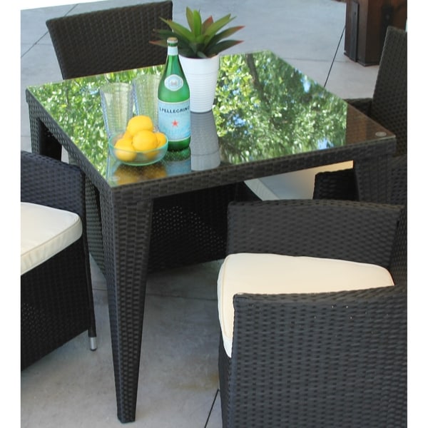 Square Black Wicker Dining Table Topped With Glass